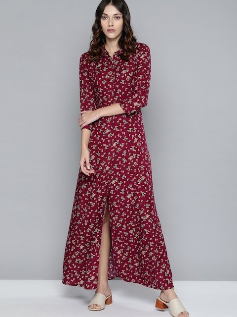 Chemistry Maroon & Off-White Floral Printed Maxi Dress – $ 1 Store